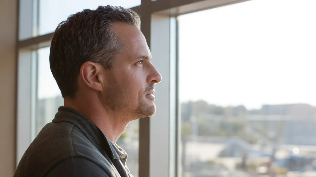 Profile of a man by an office window
