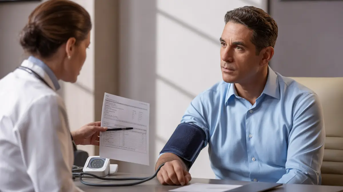 Man discussing a lab report in a consultation room