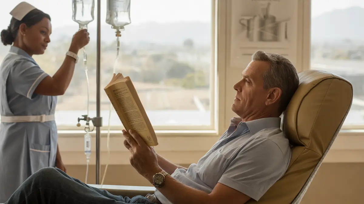 Man reading during a slow IV infusion by a window