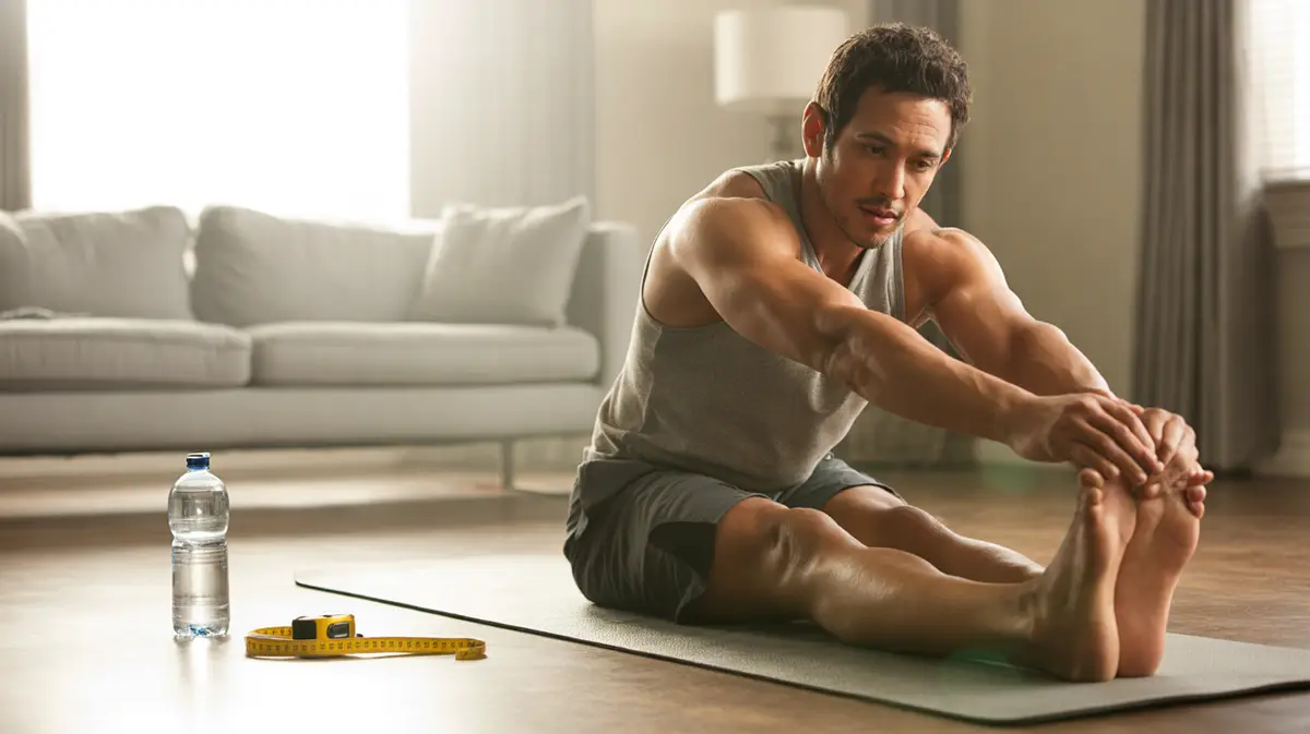 Man stretching in a sunlit home gym