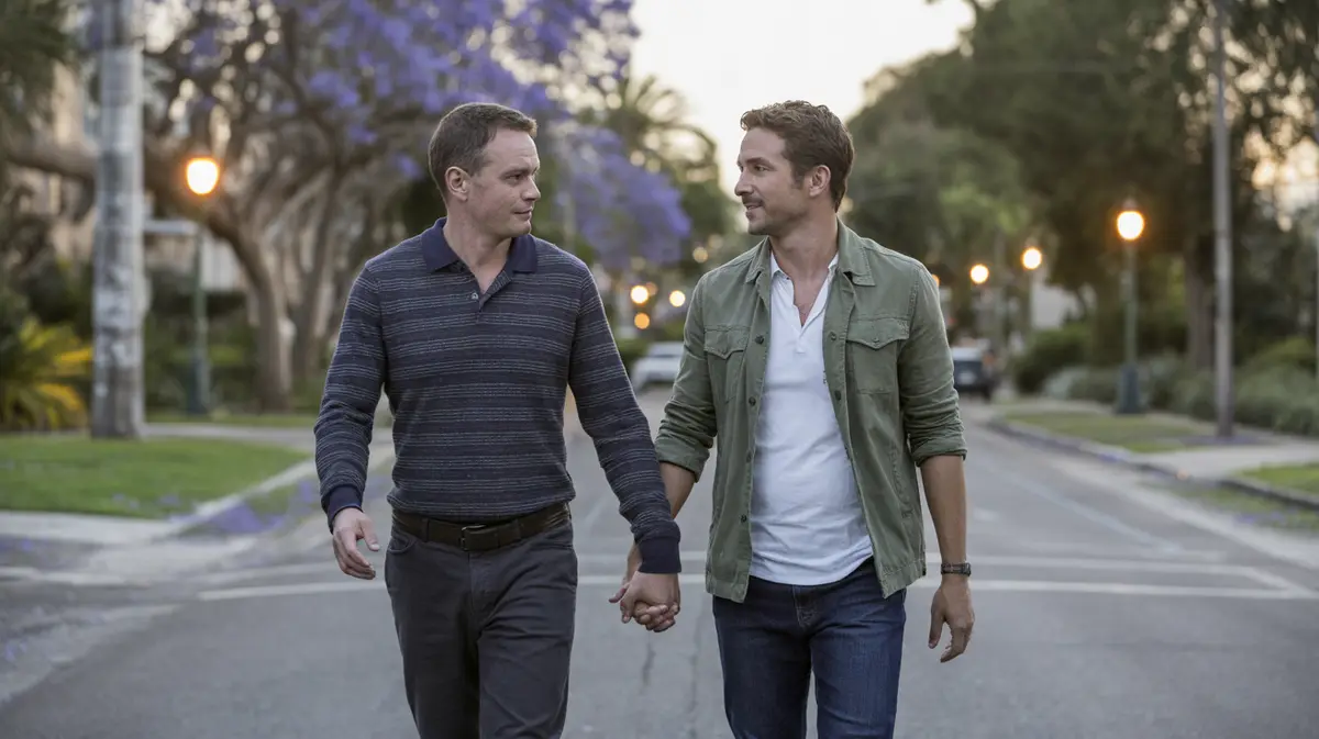 Couple walking hand in hand on a street at dusk