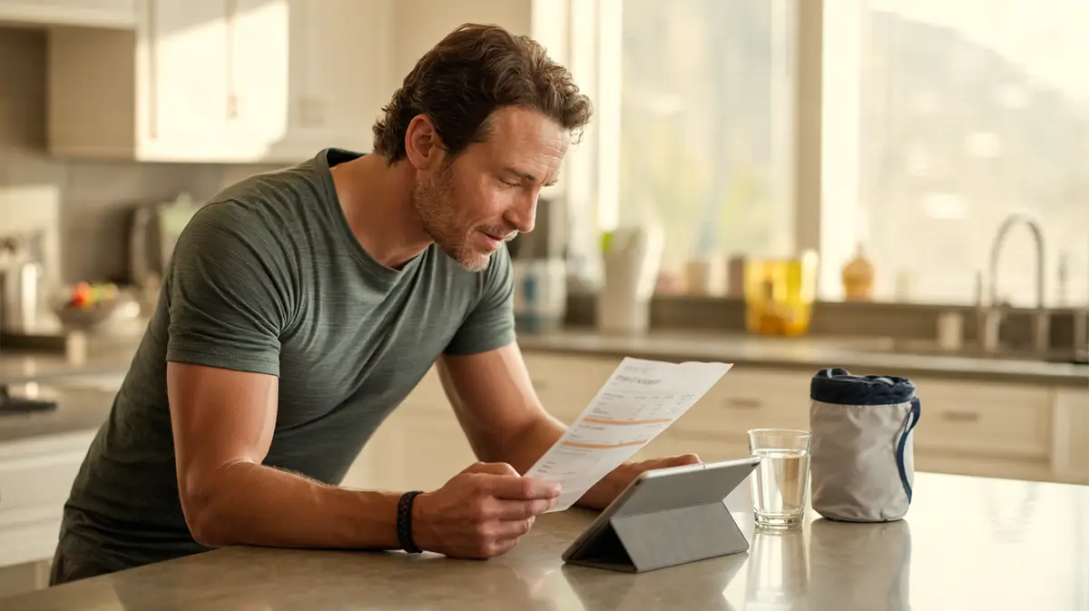Man reviewing lab results at a kitchen island