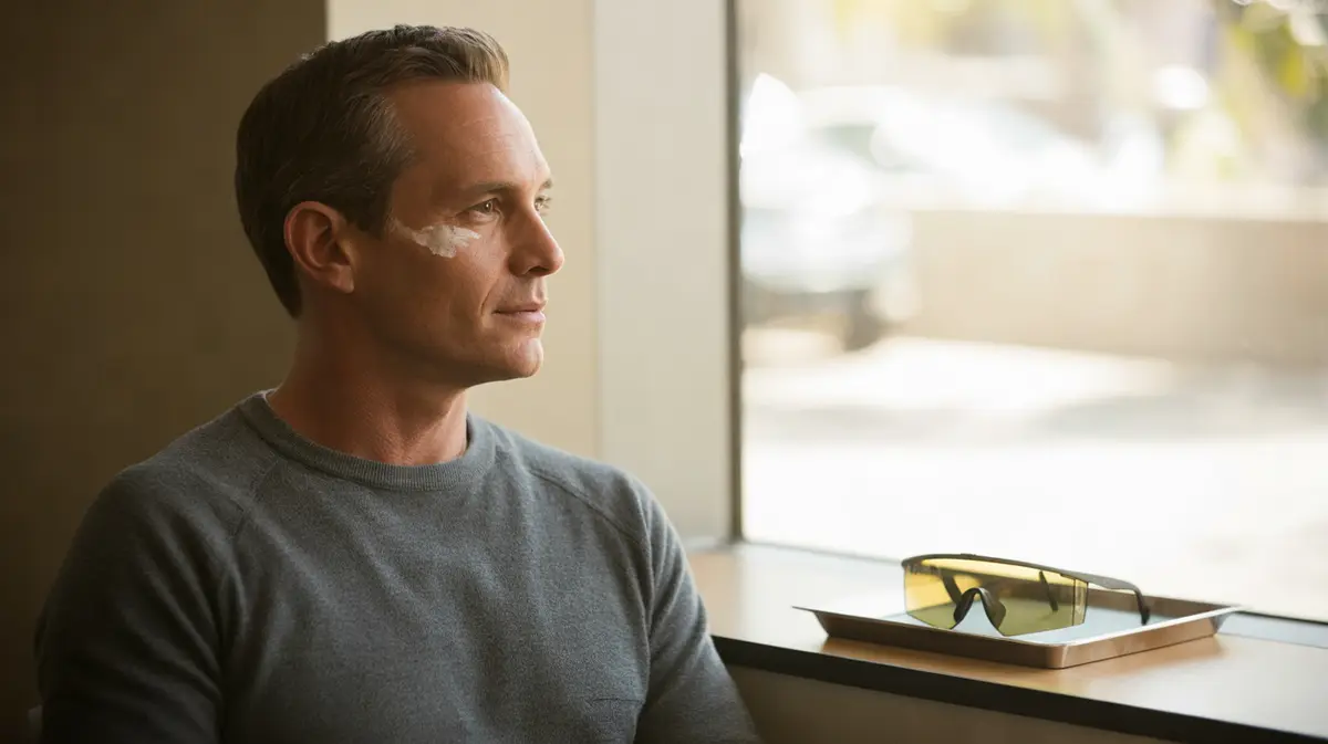 Man with cheek sun spots waiting in a bright clinic room