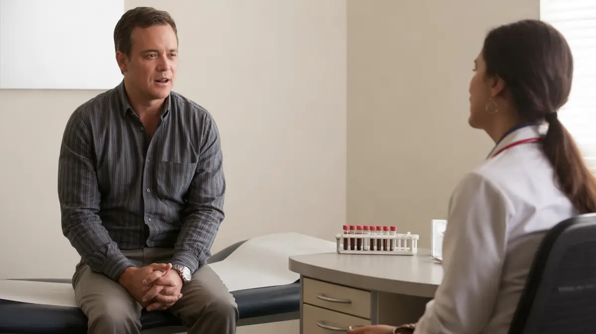 Man talking with a clinician in a private exam room