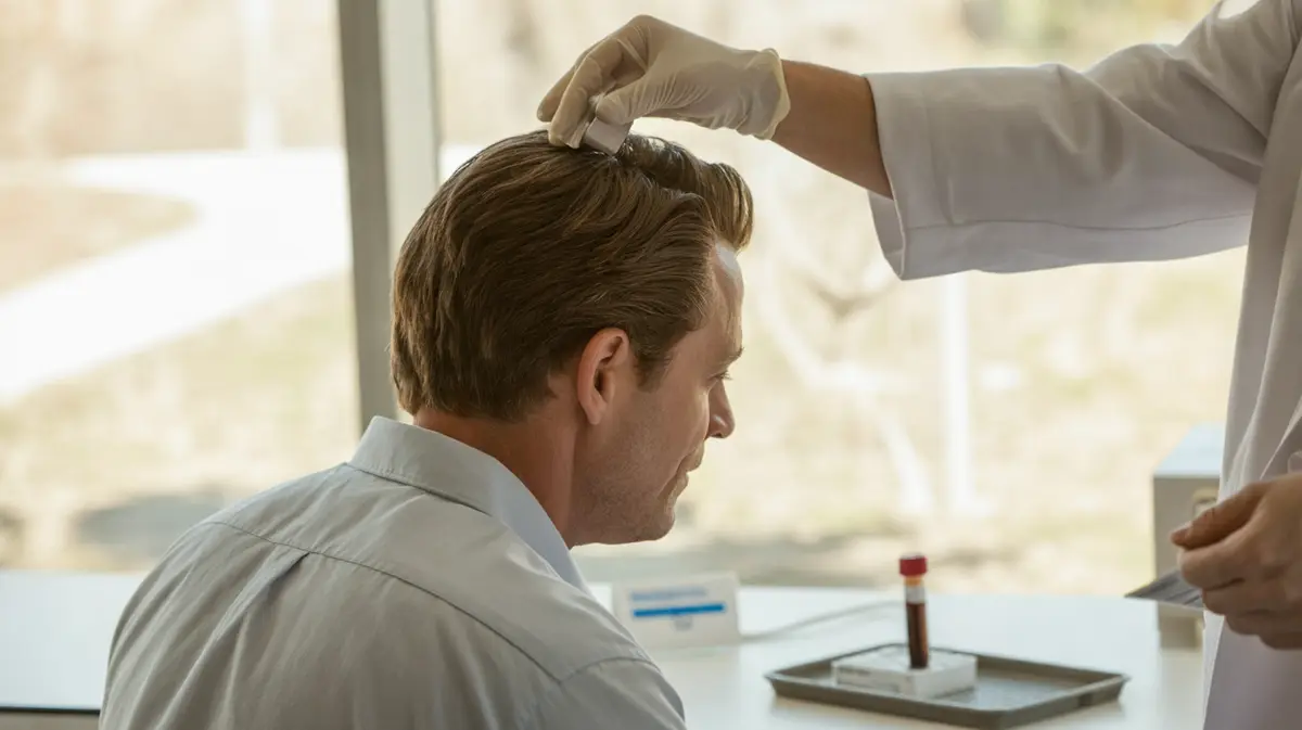 Clinician examining the crown of a man's thinning hair