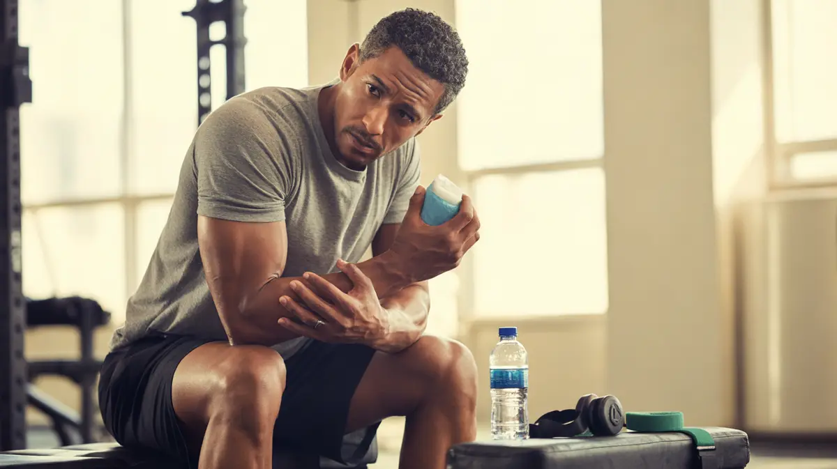 Man icing his elbow on a gym bench