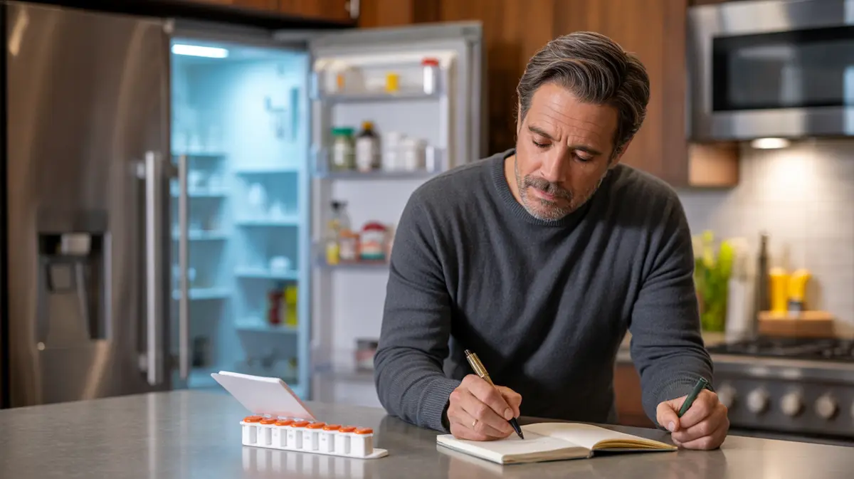 Man planning his weekly routine at a kitchen counter