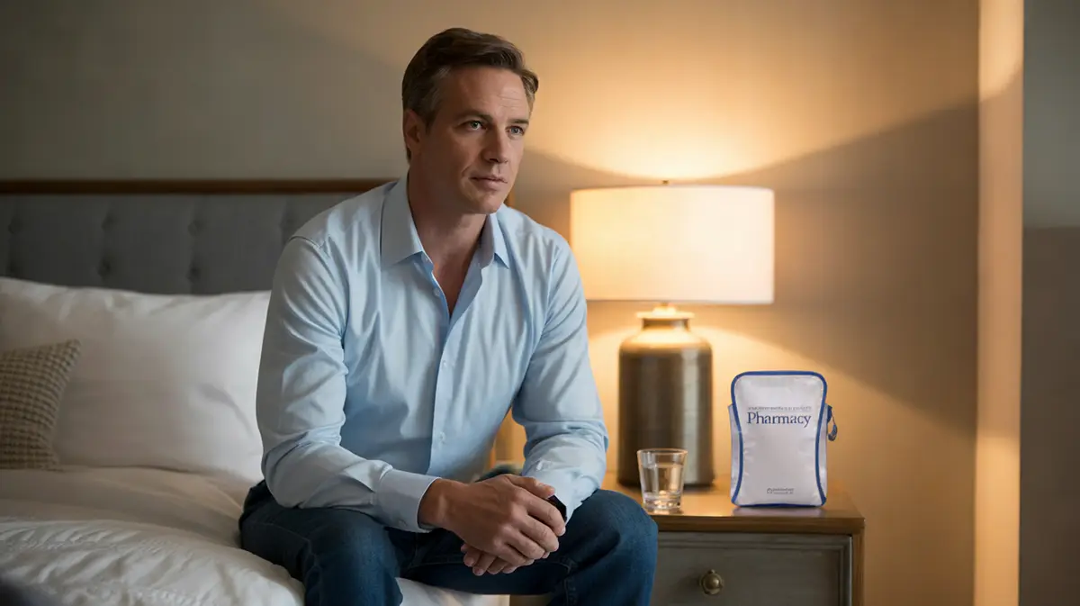 Man at his bedside in the evening with a pharmacy pouch