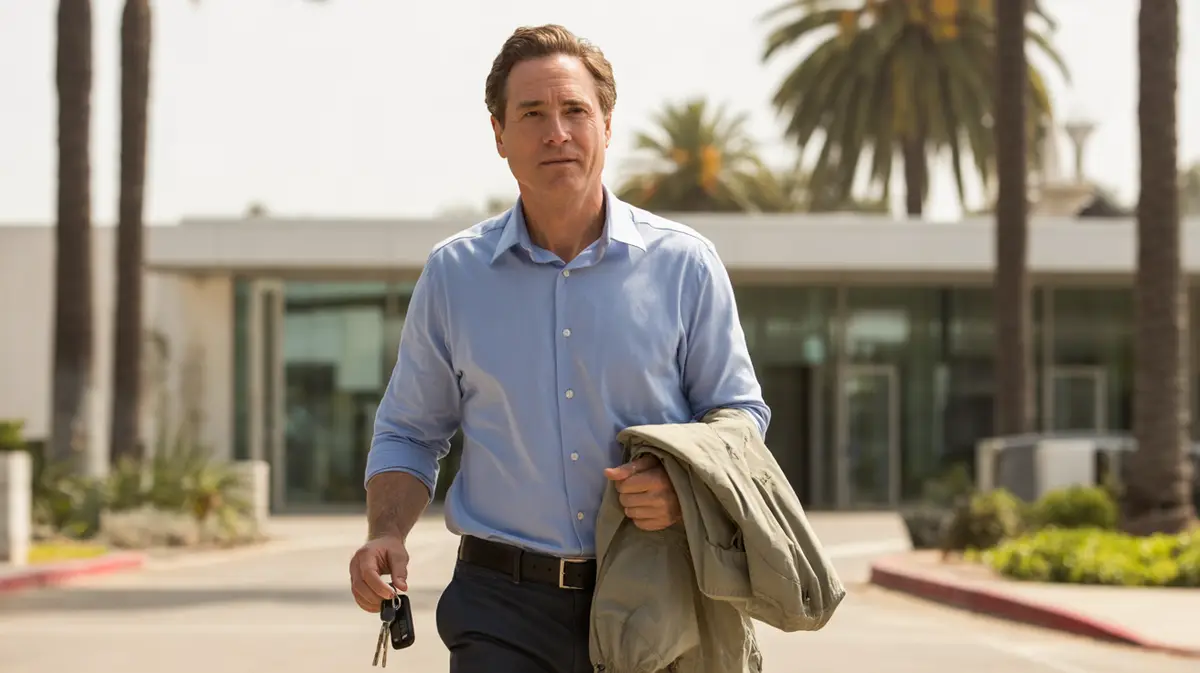 Man leaving a medical building on a sunny afternoon