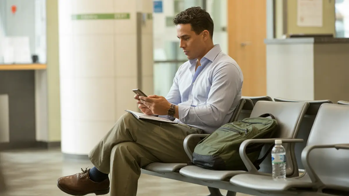 Man checking his calendar in a clinic waiting area