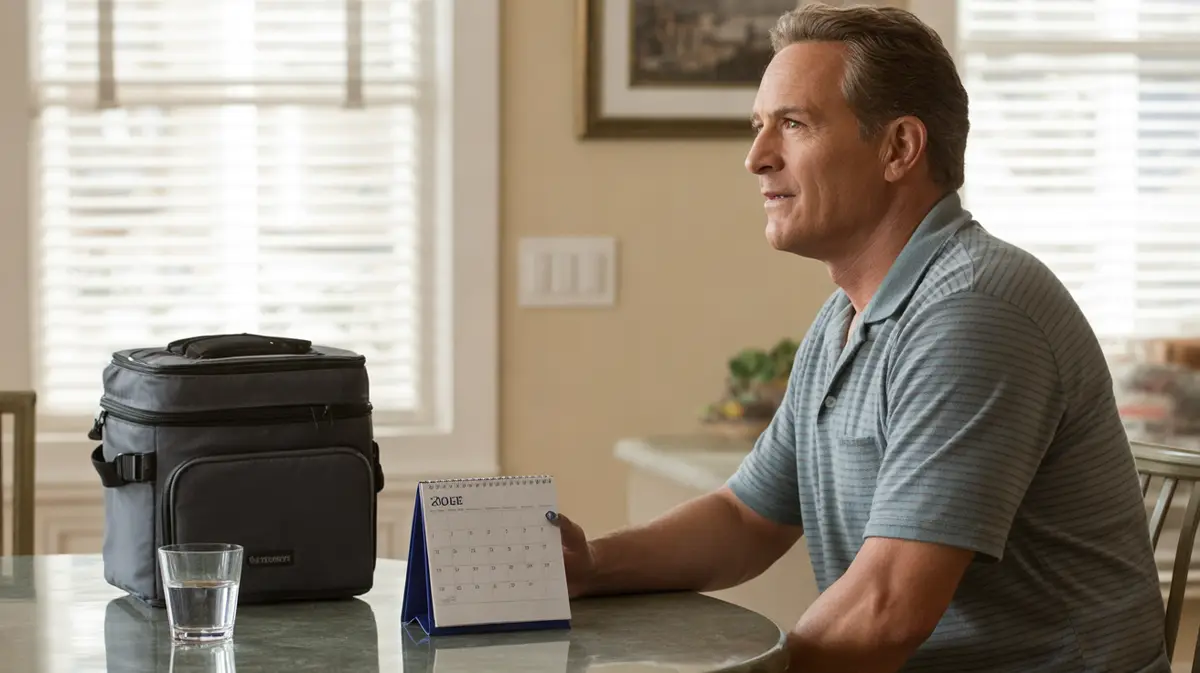 Man at a kitchen table with a calendar and cooler bag