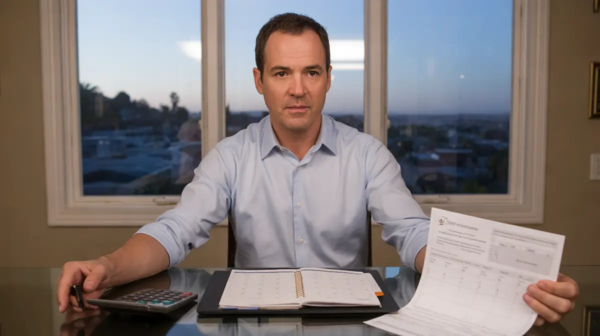 Man budgeting at a dining table with a planner