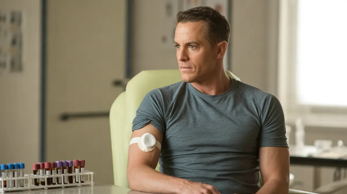 Man after a blood draw in a bright clinic chair