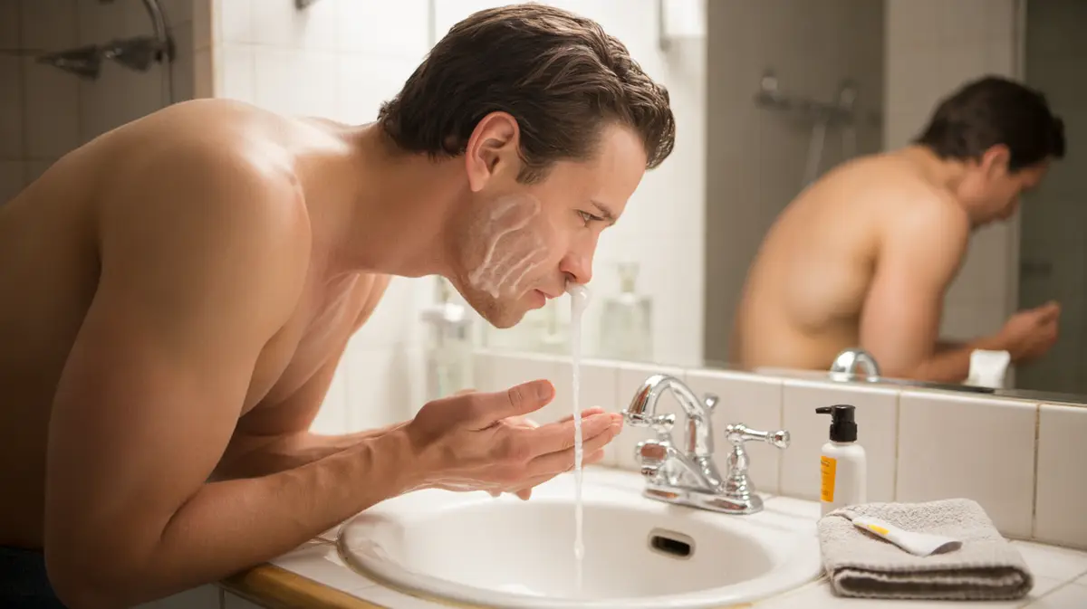 Man rinsing his face at a bathroom sink at home