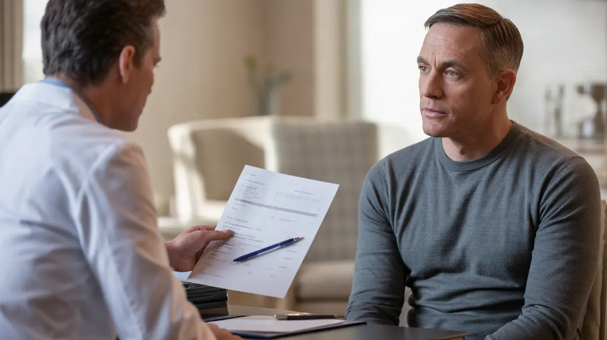 Man reviewing his estradiol results in a consultation room