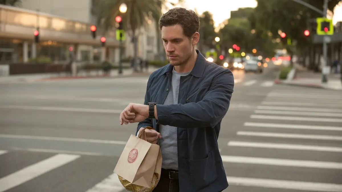 Man checking his watch on a quiet street at dusk