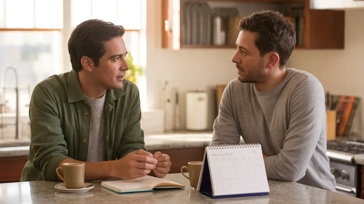 Couple discussing family plans at their kitchen island