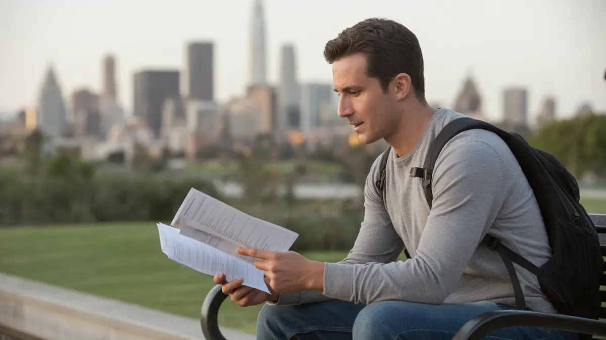 Young man reading his lab results on a park bench