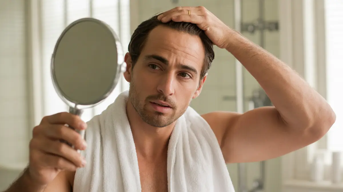 Man checking the crown of his head with a hand mirror