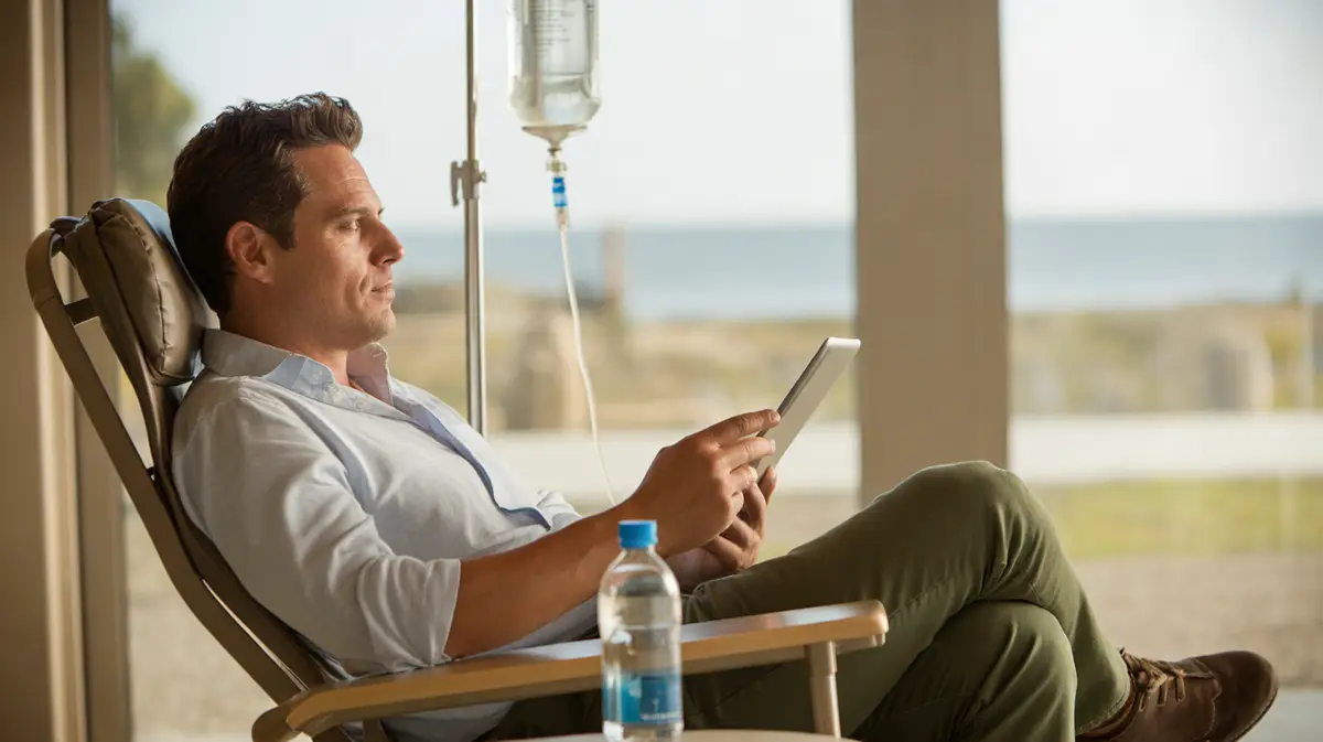 Man reading in a reclining chair during an IV session