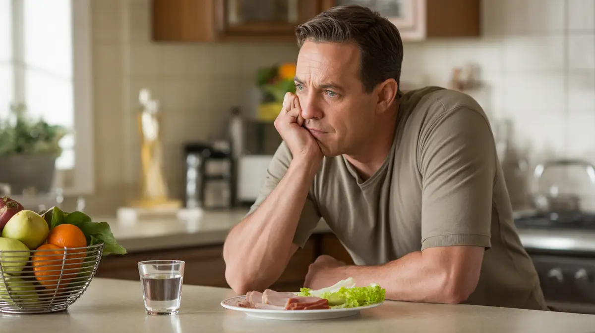 Man looking at a very small meal on his kitchen counter