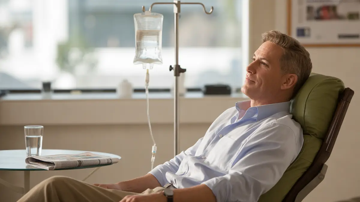 Man resting in a clinic recliner beside an IV stand