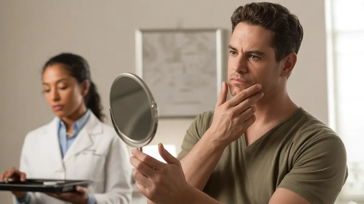 Man examining his cheek in a mirror in a treatment room