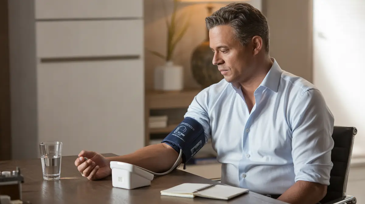 Man checking his blood pressure at a home desk