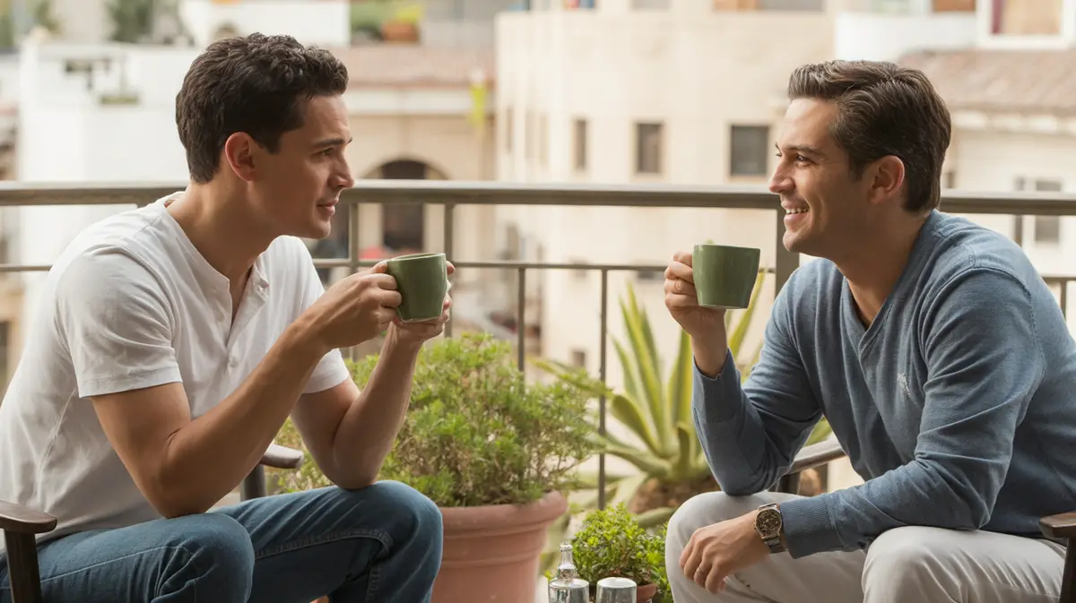 Couple sharing coffee on a sunny apartment balcony