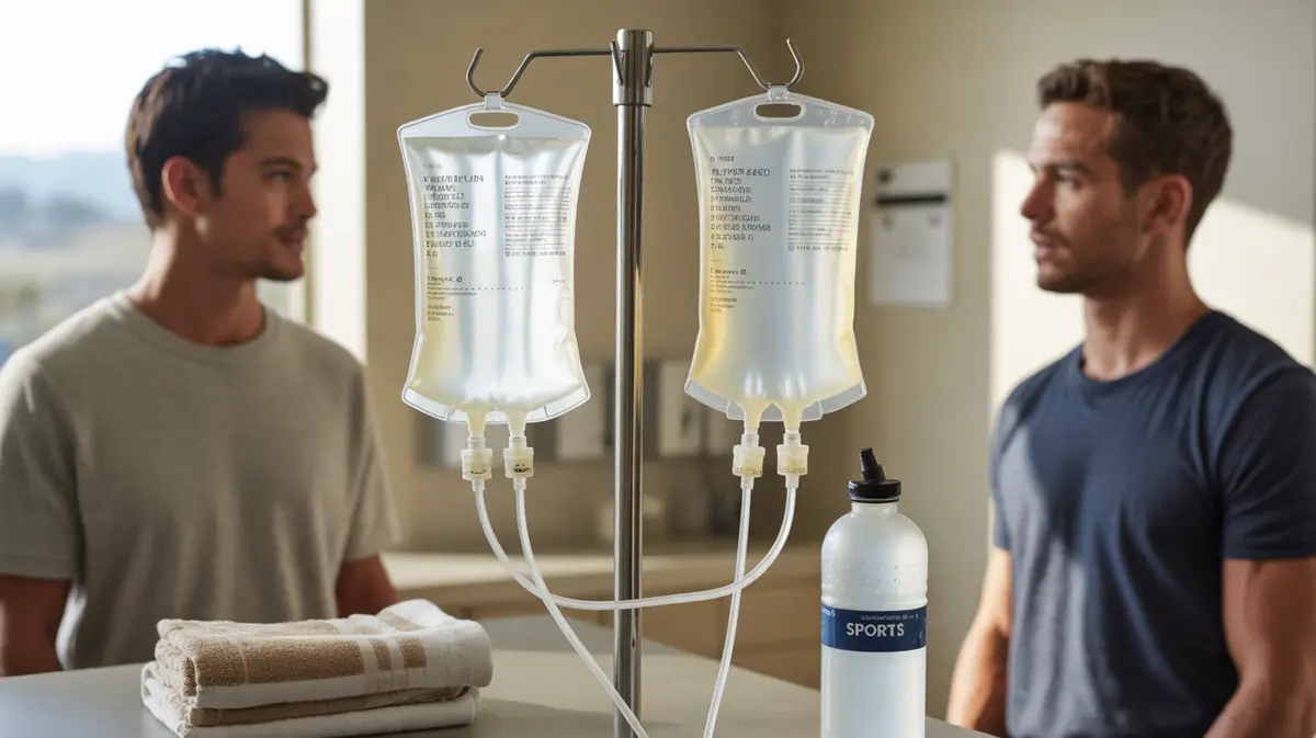 Two clear IV fluid bags on a stand in a treatment room