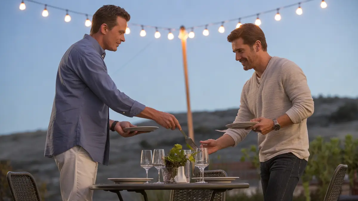 Couple clearing plates after a light dinner on a patio
