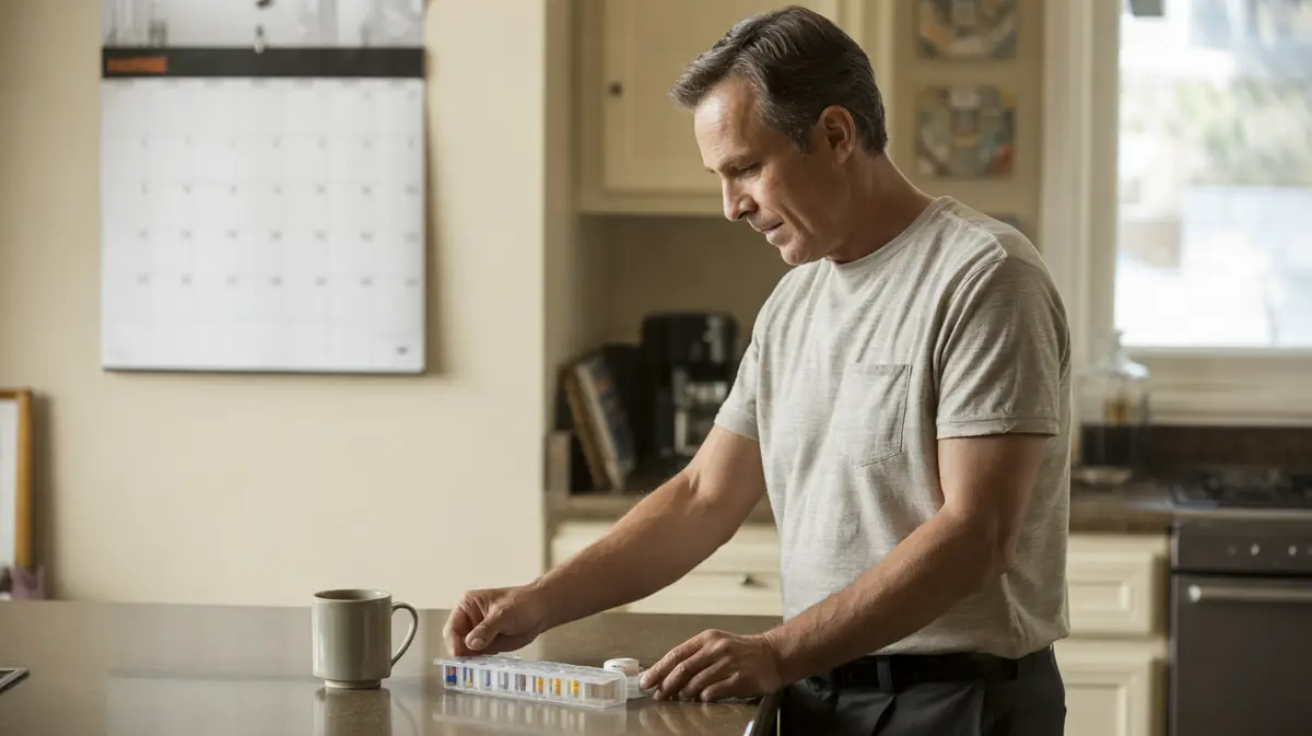 Man with a weekly pill organizer and coffee in a sunny kitchen
