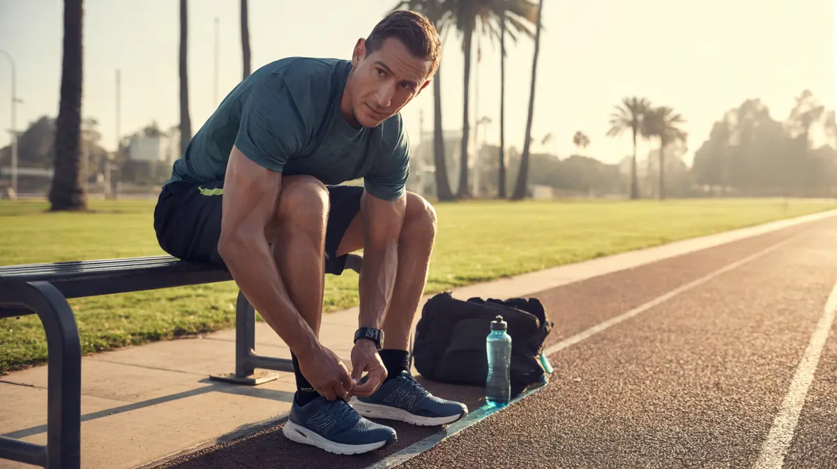 Man getting ready for a morning run at a park track