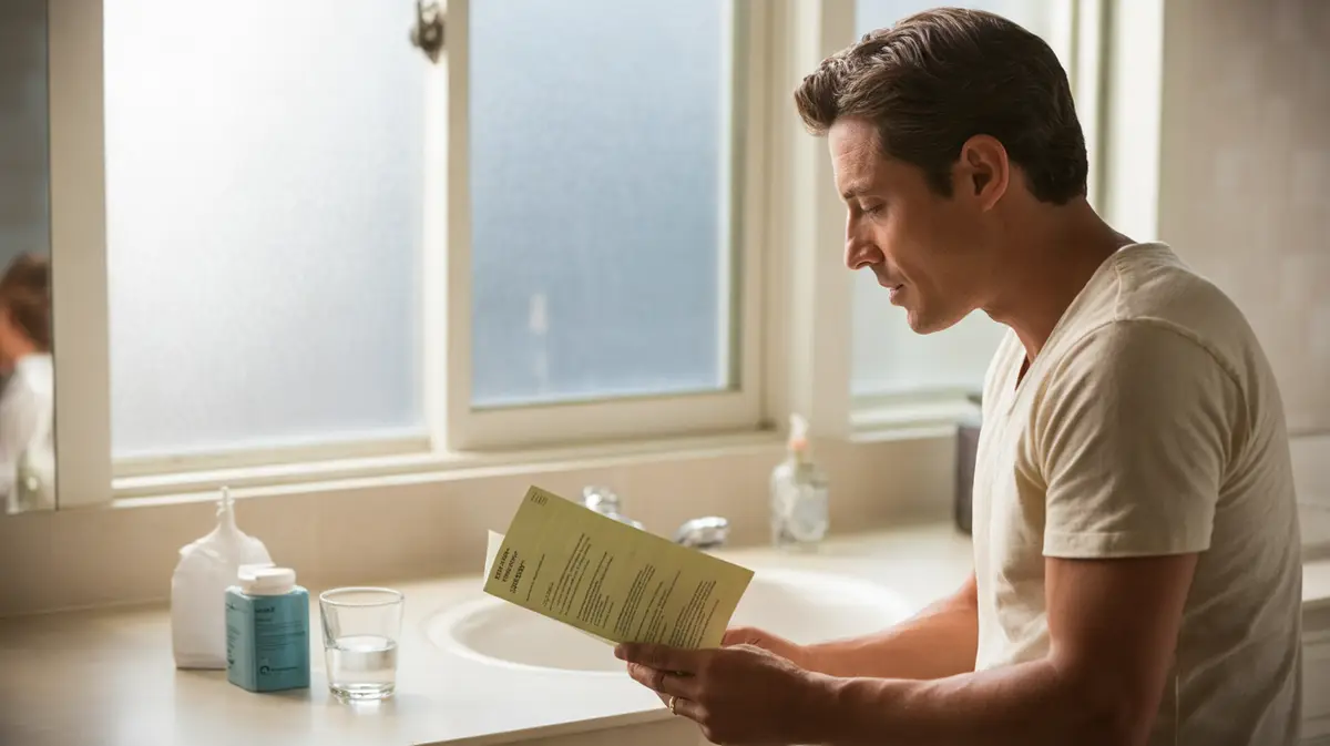 Man reading a medication leaflet at his bathroom counter