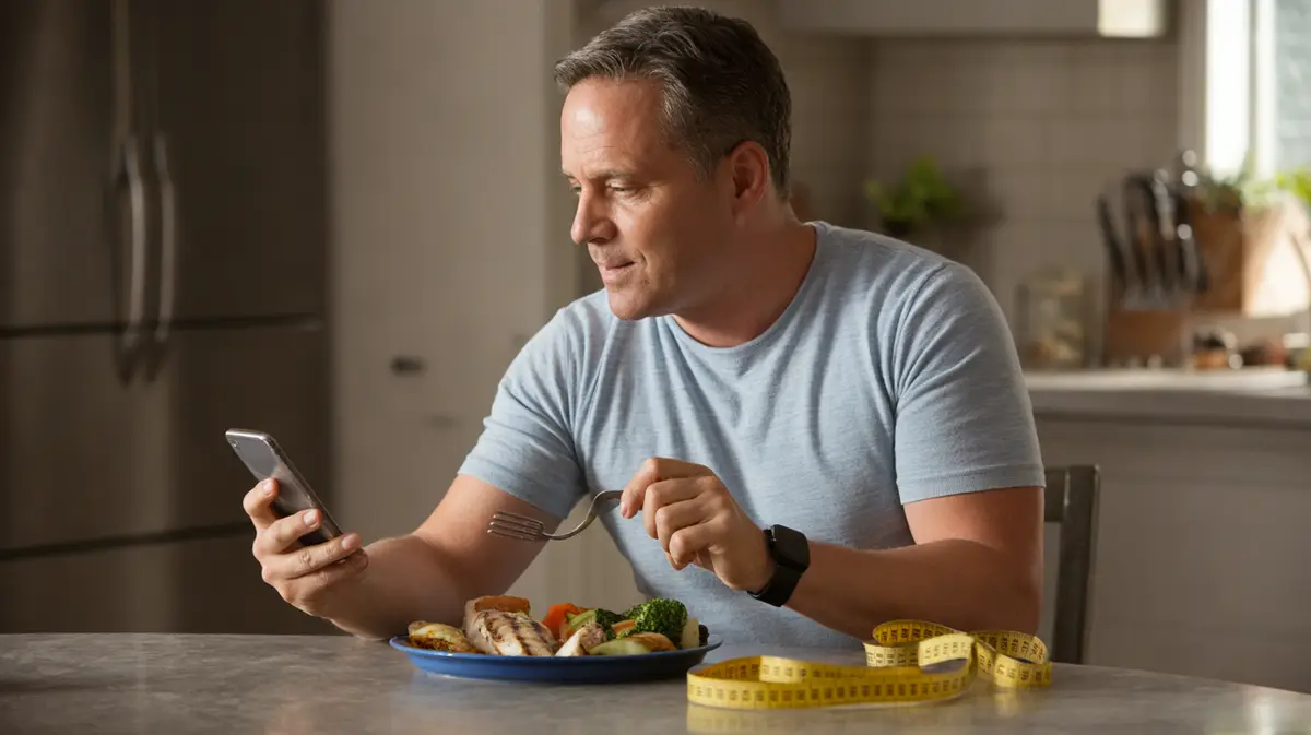 Man logging a healthy dinner at his kitchen table