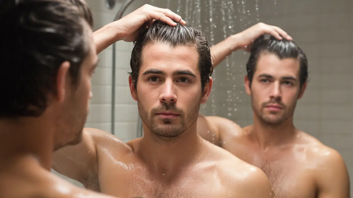 Man parting damp hair at the crown in a bathroom mirror