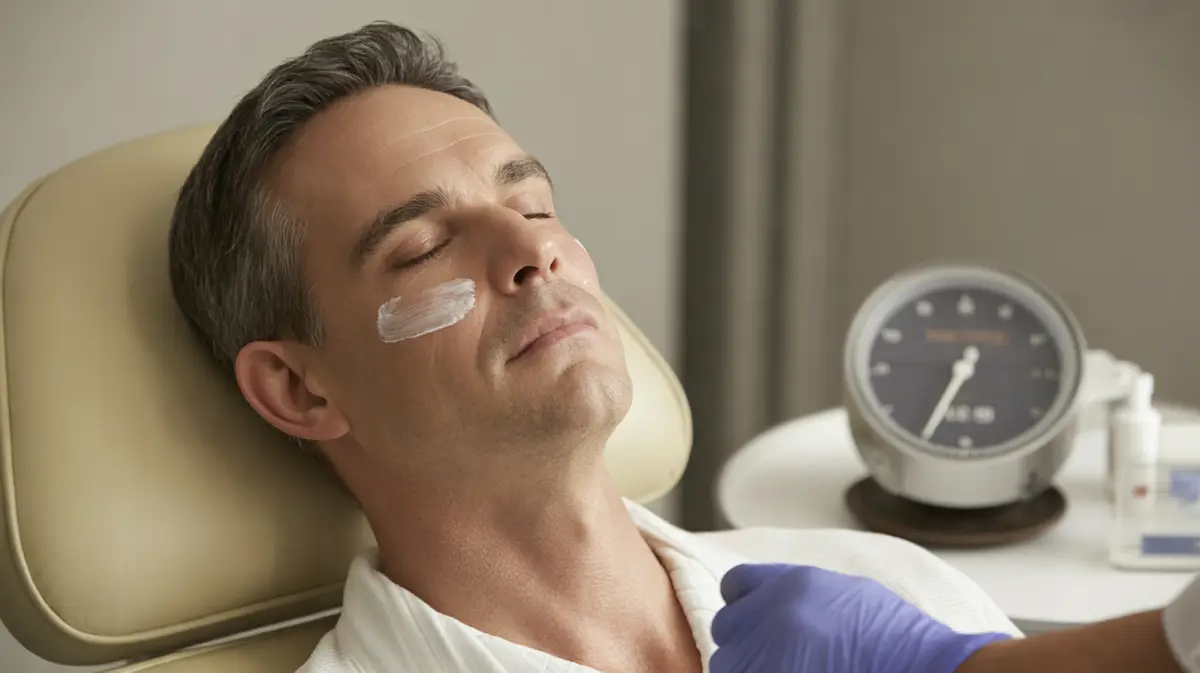 Man relaxing in a treatment chair with cream on his cheek
