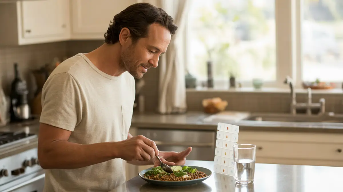 Man preparing a plant-based meal in his kitchen