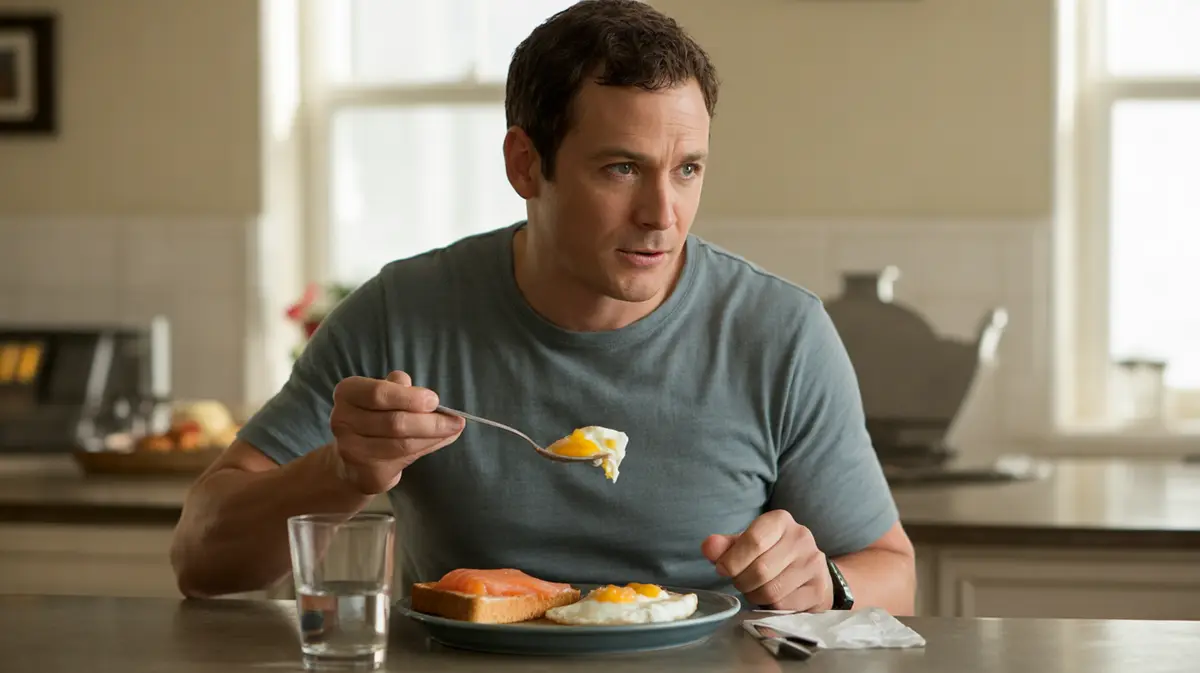 Man eating a breakfast of eggs and salmon in a sunny kitchen