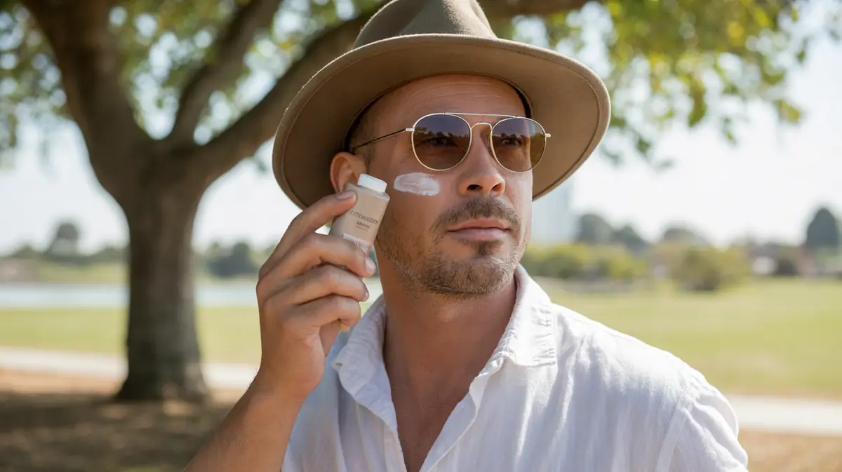 Man in a hat applying sunscreen in the shade at a park