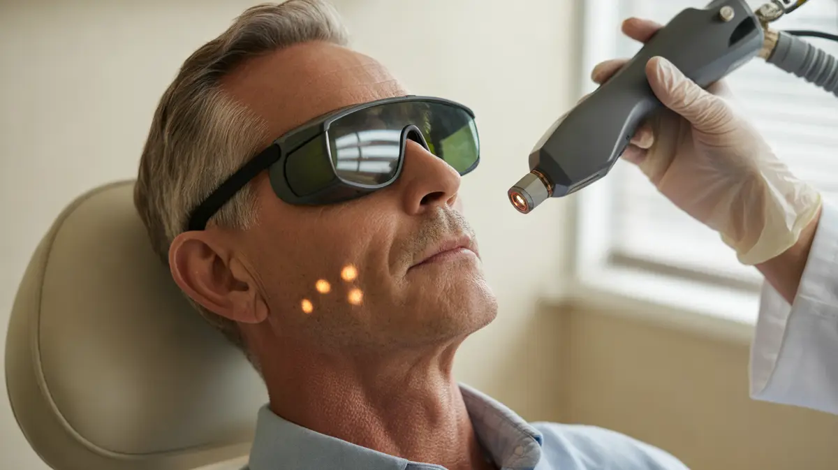 Man in protective goggles during a sun spot laser treatment