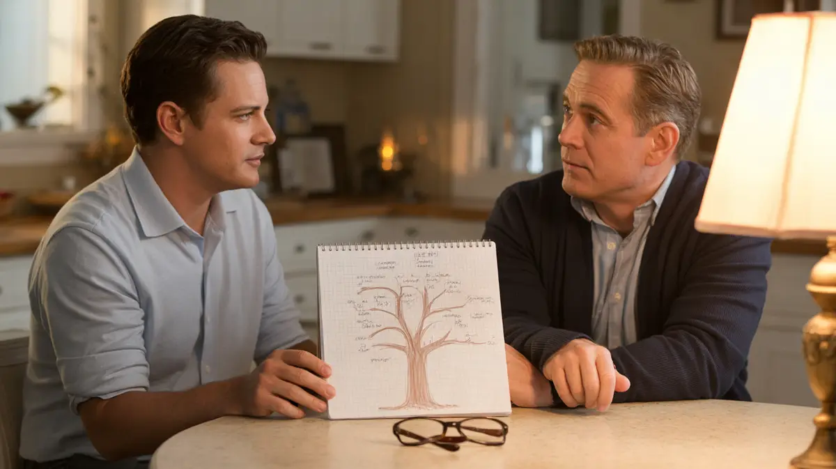 Man sketching a family health tree with an older relative