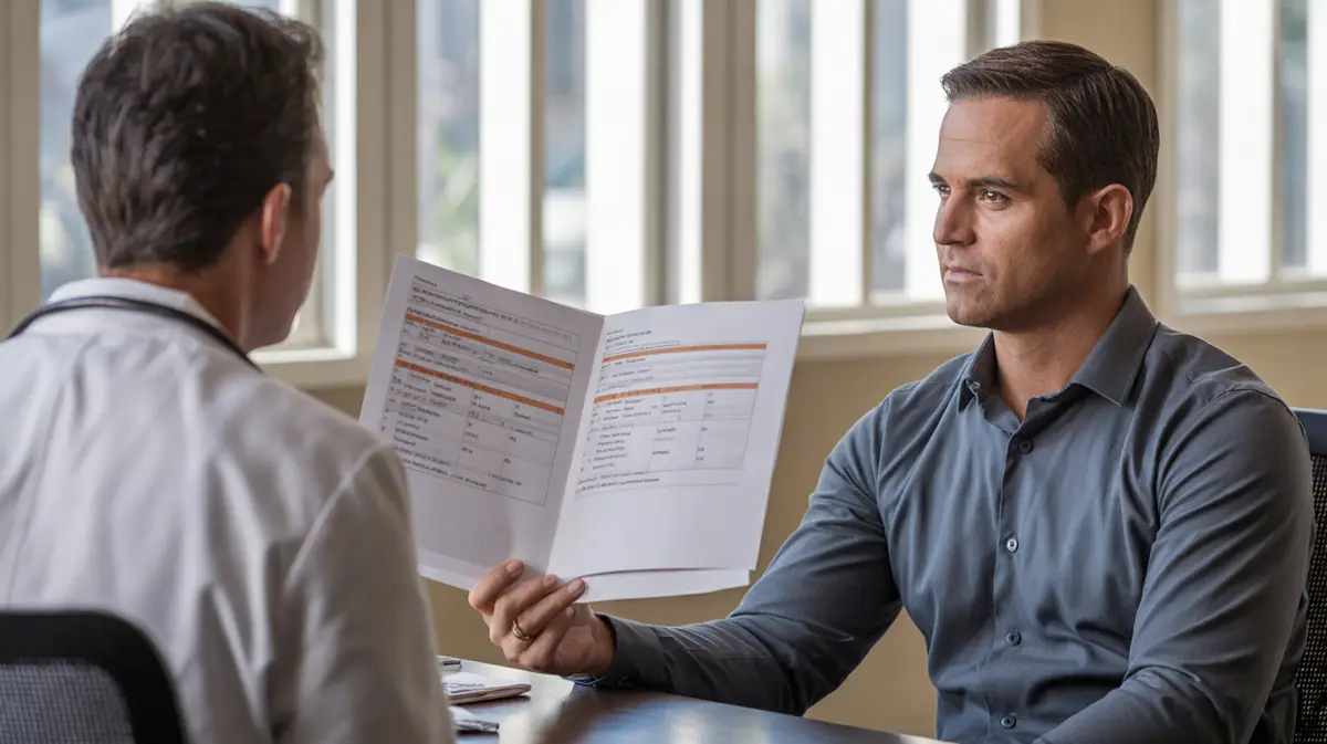 Man reviewing a multi-page lab report with a clinician