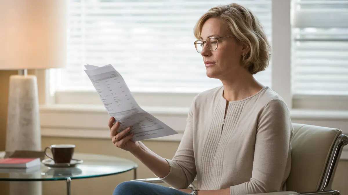 Woman in her forties reading a lab report in a clinic