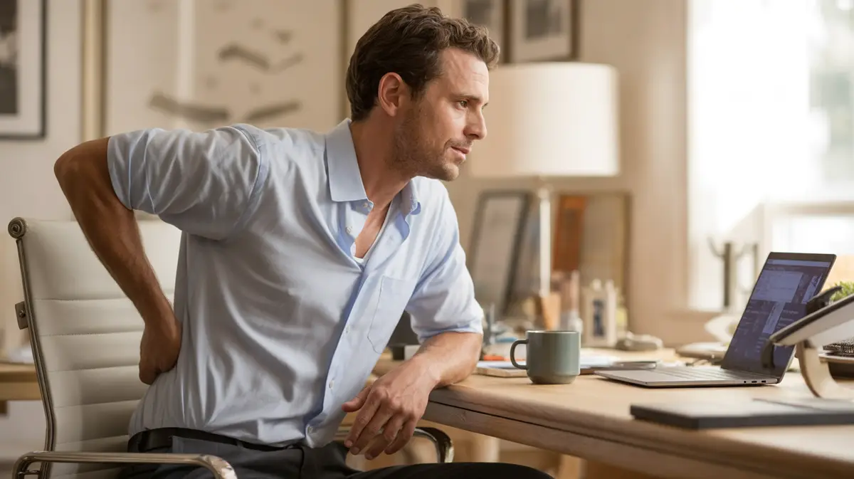 Man stretching his lower back beside a home office desk