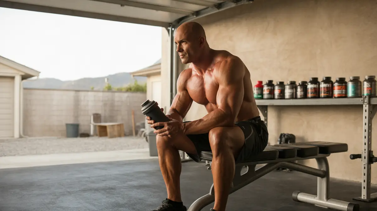 Man in a garage gym holding a shaker bottle
