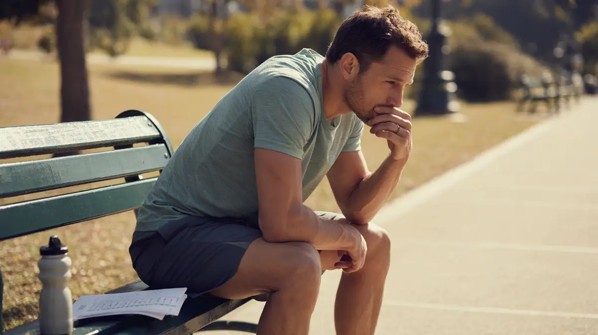 Tired man resting on a park bench after a run