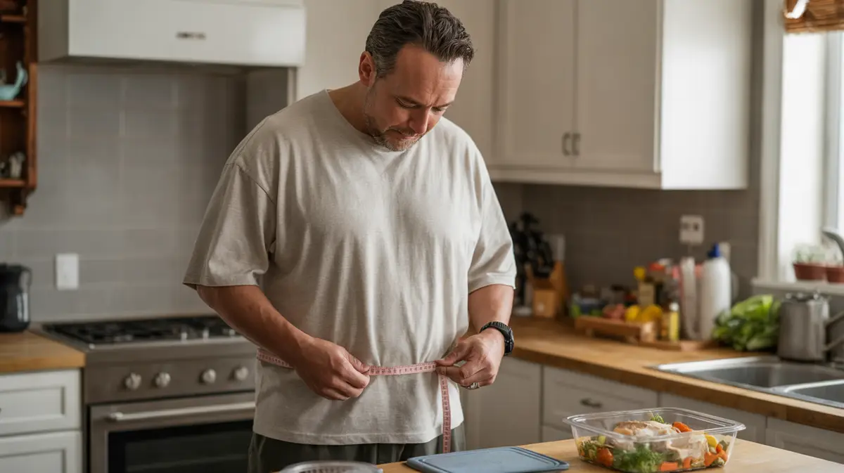 Man measuring his waist in a kitchen after weight loss