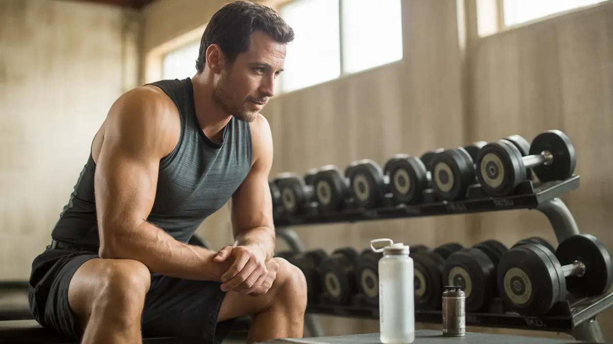 Man resting on a gym bench between upper-body sets