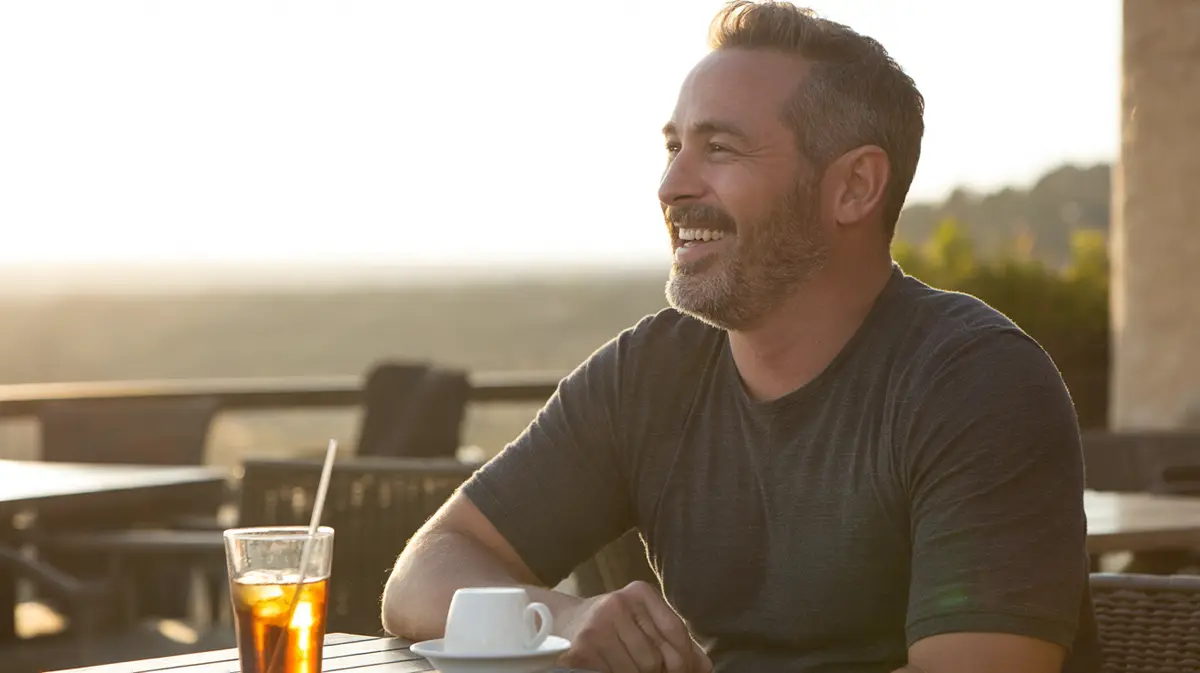 Smiling bearded man on a restaurant patio at sunset